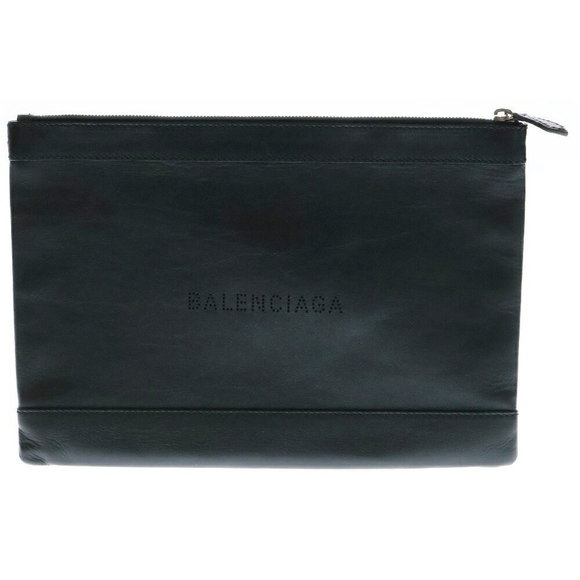 BALENCIAGA Clutch Canvas Bag Hole Leather Black - Picture 1 of 6